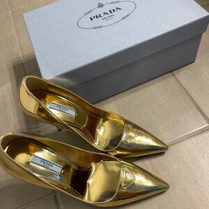 Gold Prada Heels Close Pointed Toe
